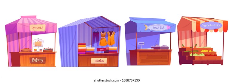 Market Stalls, Fair Booths, Wooden Kiosk With Striped Awning, Clothes, Bakery And Food Products. Wood Vendor Counter With Sunshade For Street Trading. Outdoor Retail Place, Isolated Cartoon Vector Set