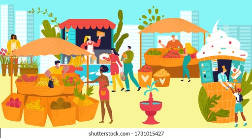Market stalls with farmers selling vegetables and fruits, street food festival flat vector illustration. People sell food from kiosks, shops and market stalls on a street. Fresh organic farm stores.