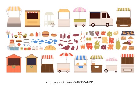 Market stalls. Fresh food fish meat products flowers vegetables and fruits. Christmas fair elements, gift boxes burger hot dog, flat farm stands vector big set