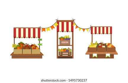 Market Stand with Fresh Farm Vegetables and Fruits in Crates Set Vector Illustration