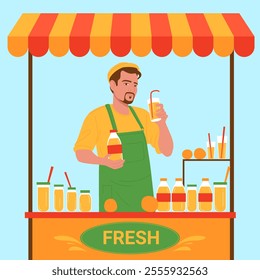 Market stand with vendor selling fresh juice and lemonade. Male seller holding cup with natural orange juice to sell, man with summer fruit beverage in glass and bottle cartoon vector illustration