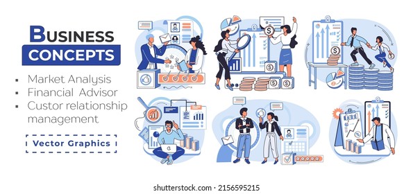 Market statistics analysis, financial advisor, customer relationship management business themes metaphor. Investment money, management planning for customer. Fiscal consultantation, client interaction