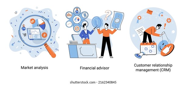 Market statistics analysis, financial advisor, customer relationship management business themes metaphor. Investment money, management planning for customer. Fiscal consultantation, client interaction