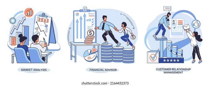 Market statistics analysis, financial advisor, customer relationship management business themes metaphor. Investment money, management planning for customer. Fiscal consultantation, client interaction
