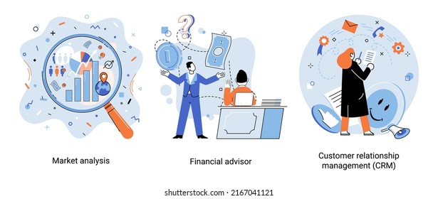 Market statistics analysis, financial advisor, customer relationship management business themes metaphor. Investment money, management planning for customer. Fiscal consultantation, client interaction
