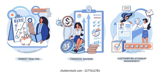 Market statistics analysis, financial advisor, customer relationship management business themes set. Investment money, management planning for customer. Fiscal consultantation, client interaction