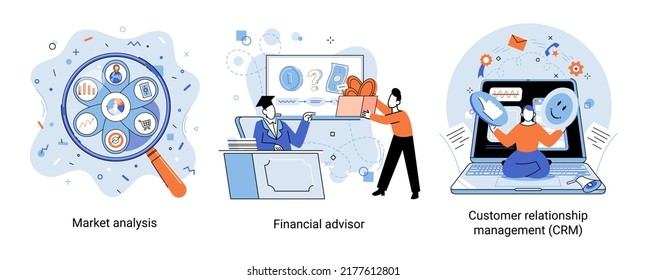 Análisis de estadísticas de mercado, asesor financiero, metáfora de temas de negocios de gestión de relaciones con los clientes. Dinero de inversión, planificación de gestión para el cliente. Consulta fiscal, interacción con los clientes