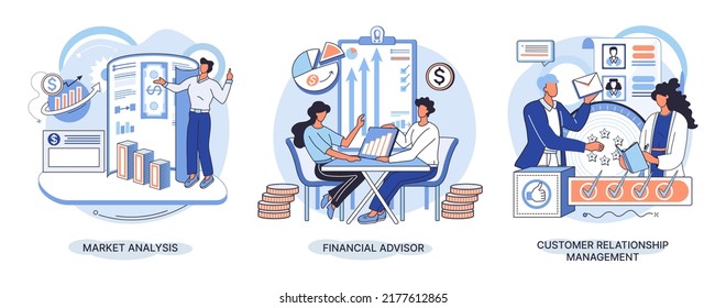 Market statistics analysis, financial advisor, customer relationship management business themes metaphor. Investment money, management planning for customer. Fiscal consultantation, client interaction