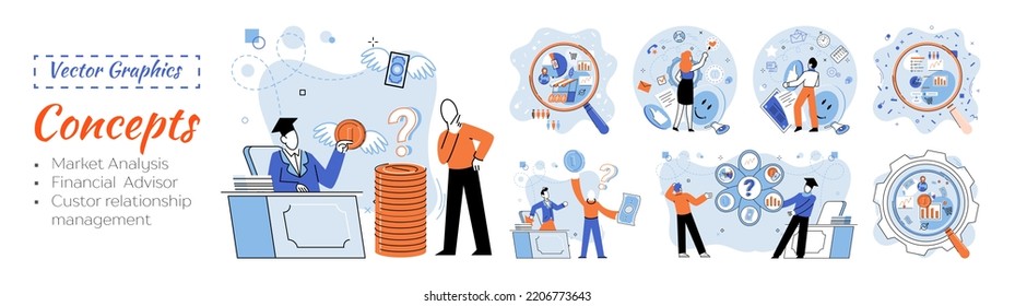 Market statistics analysis, financial advisor, customer relationship management business themes metaphor. Investment money, management planning for customer. Fiscal consultantation, client interaction