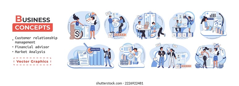 Market statistics analysis, financial advisor, customer relationship management business themes metaphor. Investment money, management planning for customer. Fiscal consultantation, client interaction