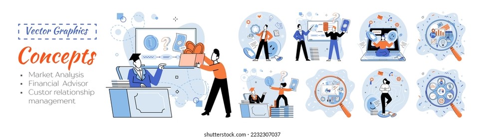 Market statistics analysis, financial advisor, customer relationship management business themes metaphor. Investment money, management planning for customer. Fiscal consultantation, client interaction