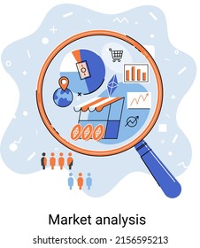 Market statistics data analysis metaphor marketing strategy development. Business research. Identify business needs determine solutions problems solving. View financial data through magnifying glass