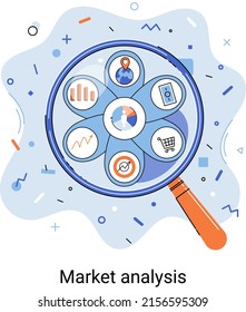 Market statistics data analysis metaphor marketing strategy development. Business research. Identify business needs determine solutions problems solving. View financial data through magnifying glass