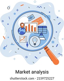Market statistics data analysis metaphor marketing strategy development. Business research. Identify business needs determine solutions problems solving. View financial data through magnifying glass