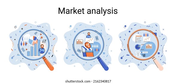 Market statistics data analysis metaphor marketing strategy development. Business research. Identify business needs determine solutions problems solving. View financial data through magnifying glass