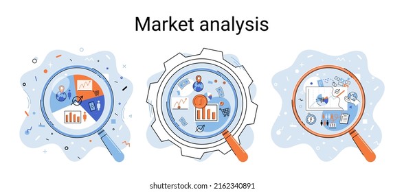 Market statistics data analysis metaphor marketing strategy development. Business research. Identify business needs determine solutions problems solving. View financial data through magnifying glass