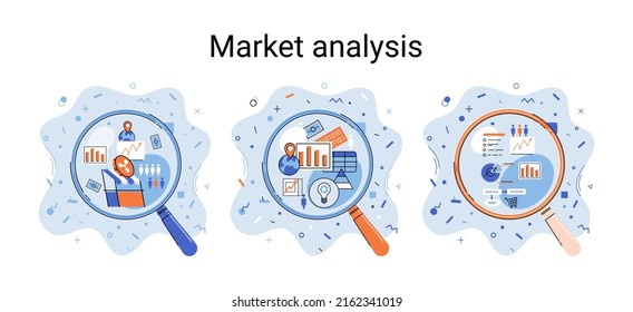 Market statistics data analysis metaphor marketing strategy development. Business research. Identify business needs determine solutions problems solving. View financial data through magnifying glass