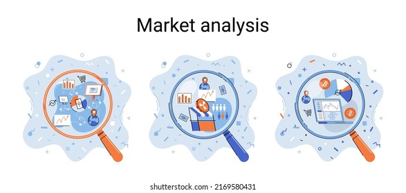 Market statistics data analysis metaphor marketing strategy development. Business research. Identify business needs determine solutions problems solving. View financial data through magnifying glass