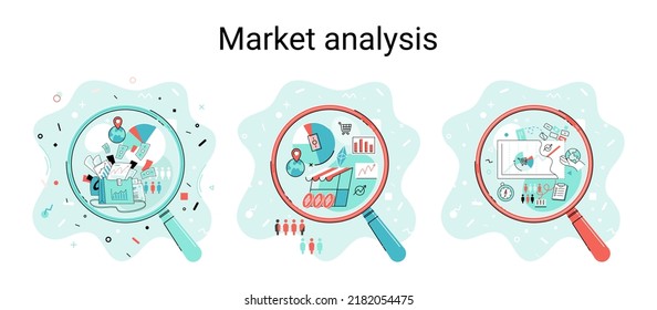 Market statistics data analysis metaphor marketing strategy development. Business research. Identify business needs determine solutions problems solving. View financial data through magnifying glass