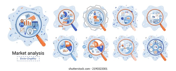 Market statistics data analysis metaphor marketing strategy development. Business research. Identify business needs determine solutions problems solving. View financial data through magnifying glass