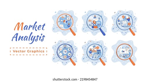 Market statistics data analysis metaphor marketing strategy development. Business research. Identify business needs determine solutions problems solving. View financial data through magnifying glass