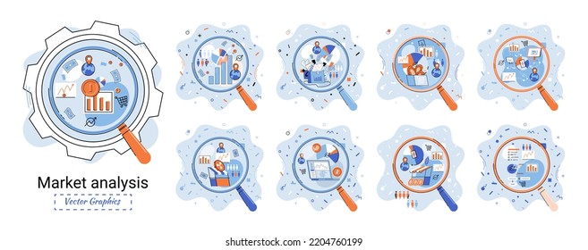 Market statistics data analysis metaphor marketing strategy development. Business research. Identify business needs determine solutions problems solving. View financial data through magnifying glass