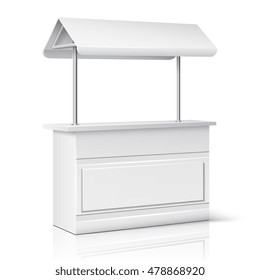 Market, store empty stand for trade information and business presentation vector illustration. Promotion counter, kiosk and promo stall
