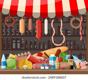 Market store interior with goods. Big shopping mall. Interior store inside. Checkout counter, grocery, drinks, food, fruits, dairy products. Vector illustration in flat style