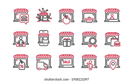 Market store line icons. Online Marketplace, Network Marketing, Wholesale Shop. Store showcase, grocery shop, buyer line icons. Retail seller, fresh market, food delivery. Marketplace app. Vector