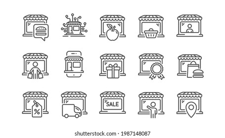 Market store line icons. Online Marketplace, Network Marketing, Wholesale Shop. Store showcase, grocery shop, buyer line icons. Retail seller, fresh market, food delivery. Marketplace app. Vector