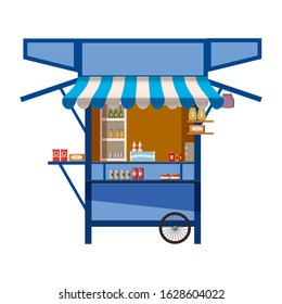 Market store on wheels, stand stall and various kiosk, with red and white striped awning coffee, groceries products, fast food, vegetable, fresh fruit, handy craft, cake bakery . Vector illustration