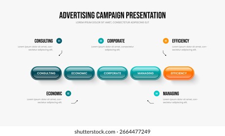 Market Strategy Five Element Infographic Slide Template. Investor Planning Slideshow Layout Vector Illustration. Financial Showcase 5 Step Diagram Presentation Design.