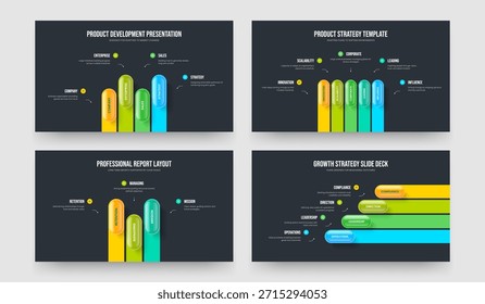 Estrategia de mercado Cuatro Paquete de Ilustración vectorial de diseño de presentación de diapositivas de infografía de tres elementos. Colección de Plantilla de diapositivas de diagrama de opciones modernas de planificación 4 5 3.