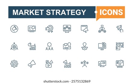 Market Strategy icon pack. Featuring internet, communication, ad, content, seo, campaign, social, video. Simple line vector. Editable vector stroke.