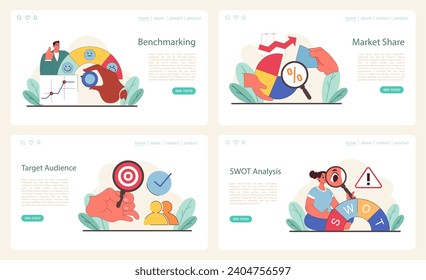 Market strategy set. Evaluating benchmarks, market share, targeting audiences, conducting SWOT analysis. Flat vector illustration.