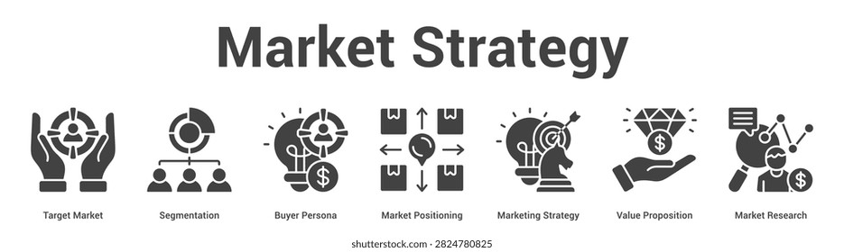 Market Strategy web banner icon vector illustration concept for business with icon of Target Market, Segmentation, Buyer Persona, Market Positioning, Marketing Strategy, Value Proposition, Market.