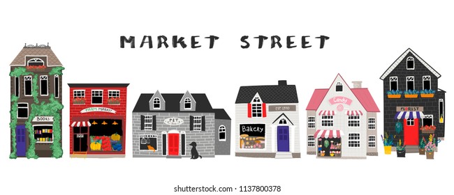 Market street. Bakery, flower shop, farm and candy shops, pet shop and book store. Big colored vector set. Every building is isolated