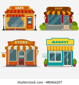 Market, street shop, cafe building facade set, small store front, shopping design detailed illustration. Vector