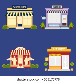 Market street store barbershop cafe building facade set small shop front shopping design detailed illustration Vector