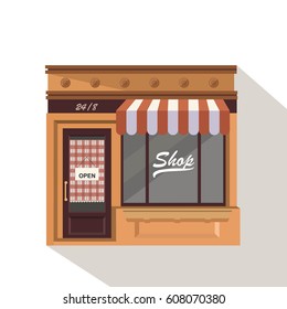 Market street store building facade small shop front shopping design detailed illustration Vector