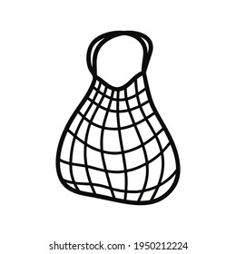 Market string bag doodle icon. Black hand drawn illustration of reusable cotton accessory for shopping. Contour isolated vector pictogram on white background