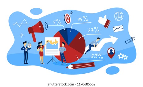 Market structure concept. Market characteristics such as customer, product and competition. Management and marketing, business strategy. People standing in front of big chart. Flat vector illustration