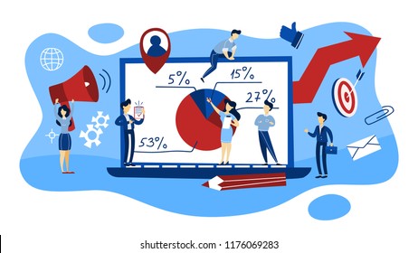 Market structure concept. Market characteristics such as customer, product and competition. Management and marketing, business strategy. People standing in front of big chart. Flat vector illustration