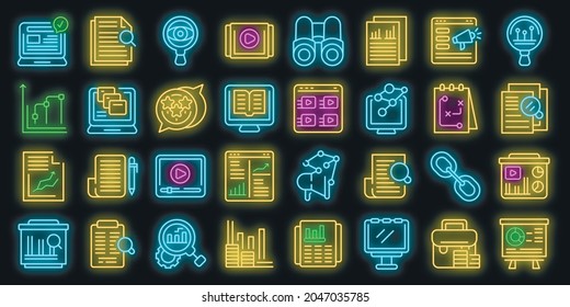 Market studies icons set. Outline set of market studies vector icons neon color on black