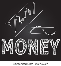 Market symbols and graphic elements, sketch illustration. Ascending trend graph. Candlestick chart. Word 'money' lettering.