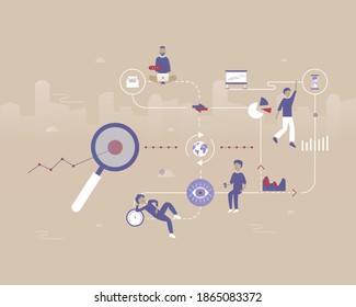 Análisis de mercado o objetivo. Ilustración vectorial con idea de comunicación web para teletrabajo, trabajo a distancia, medios sociales, negocios, finanzas, inversión y puesta en marcha
