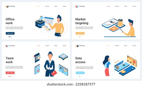 Market targeting, office work, access to company data set vector illustration. Cartoon tiny people work with information analysis of results, analysts monitor targets for financial investment