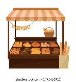 Market tent for the sale of bakery products. Vector illustration on white background.