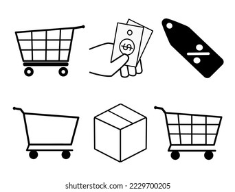 Market theme vector icon isolated on white background, trolley, hand and money, cart, box, tag vector illustration