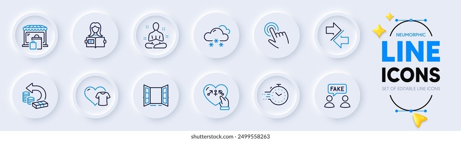 Market, Timer and Snow weather line icons for web app. Pack of Genders, Yoga, Cash back pictogram icons. Open door, Synchronize, Cursor signs. Fake information, Woman read, Clothing. Vector